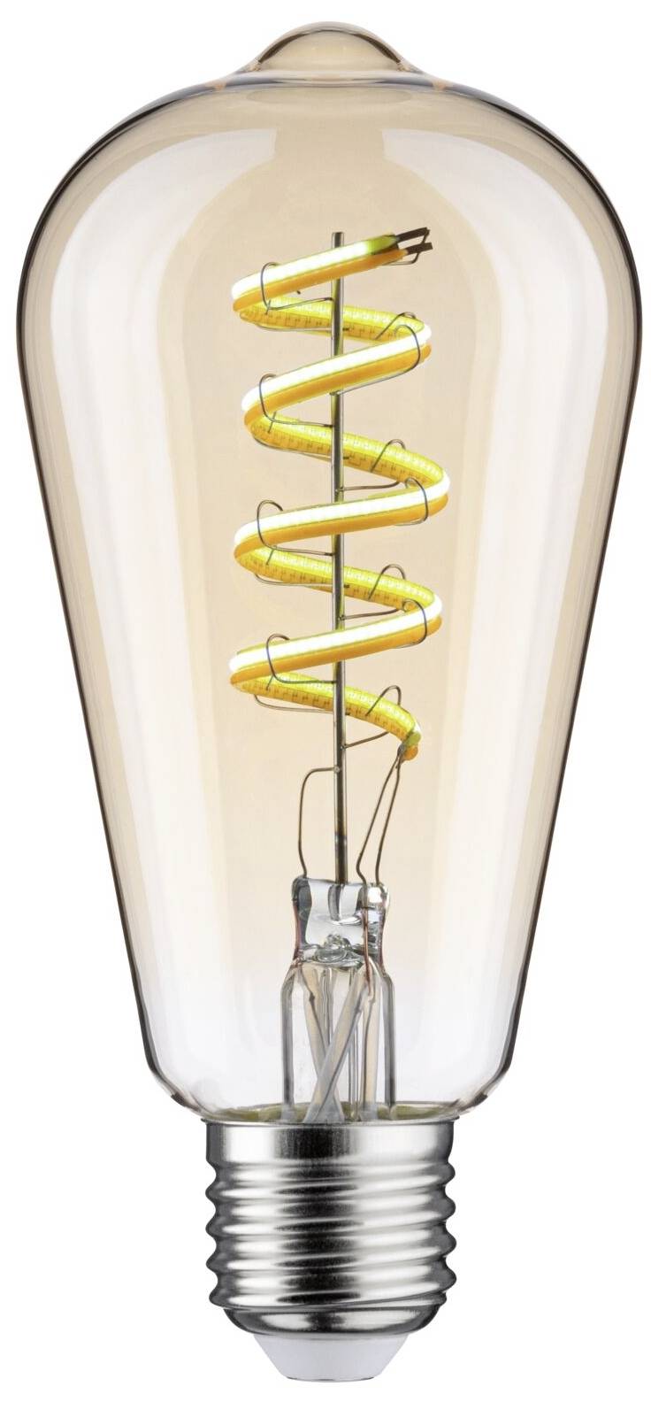 Une ampoule LED avec un filament spiralé visible qui émet une lumière chaleureuse. Idéale pour un éclairage décoratif.