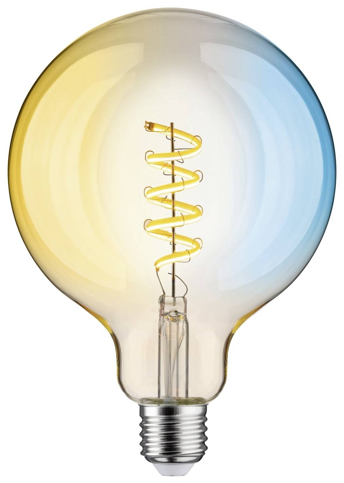 Ampoule classique avec un filament spiralé visible, dans des tons de jaune et de bleu chaleureux, sur un fond blanc.