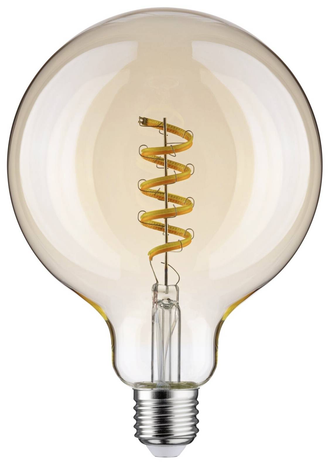 Ampoule LED à filament apparent en spirale, émettant une lumière blanc chaud. Culot E27, verre transparent, style vintage.
