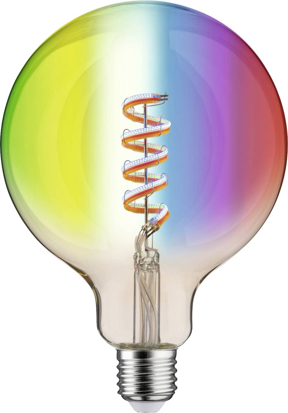 Une ampoule colorée aux couleurs de l'arc-en-ciel brille avec un fil visible en spirale, symbolisant la créativité et l'innovation.