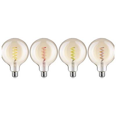 Quatre ampoules avec des filaments spiralés visibles dans différentes couleurs : jaune, rouge, orange et violet.
