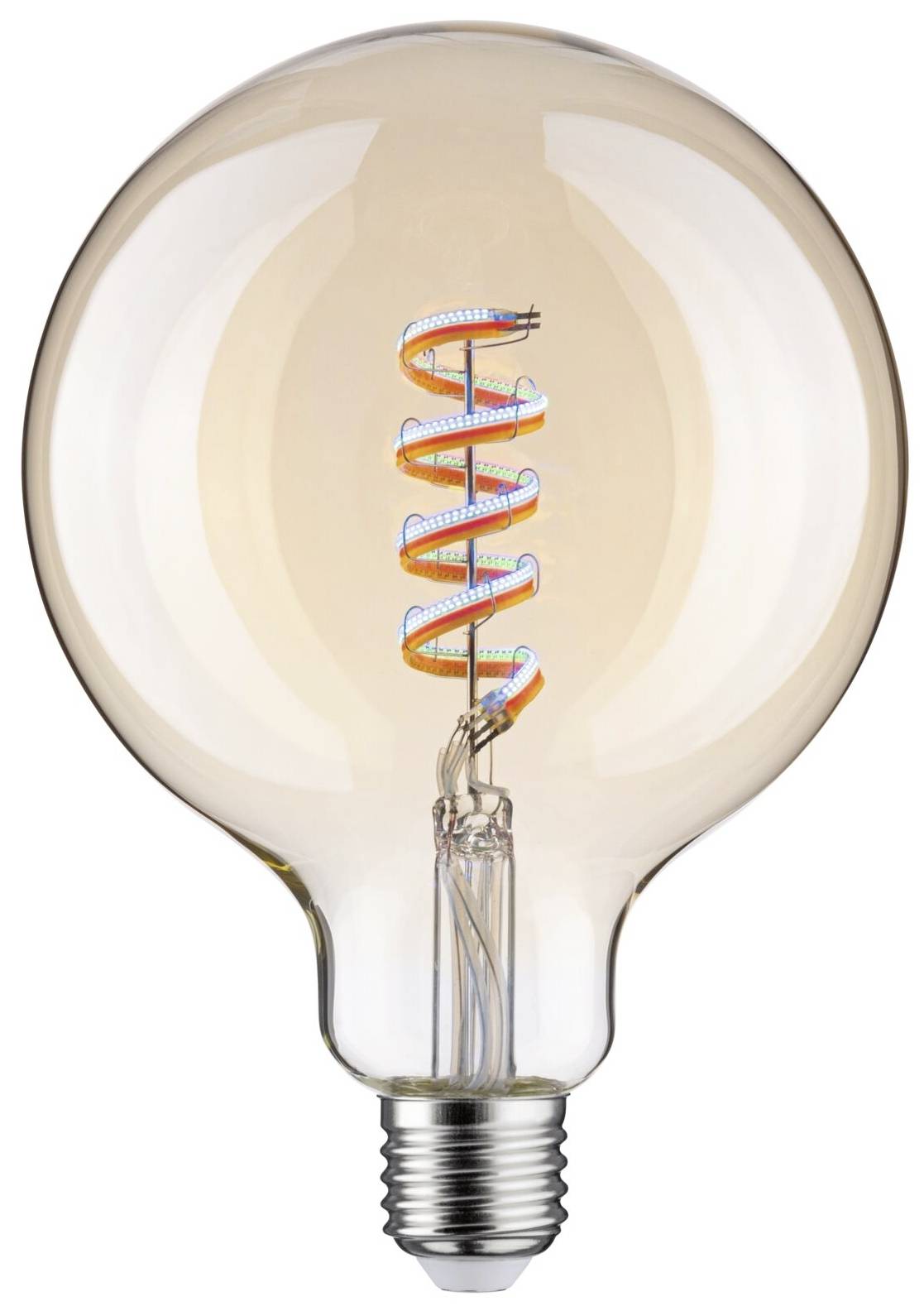 Ampoule à incandescence avec filament spiralé visible; verre chaud, ambré.