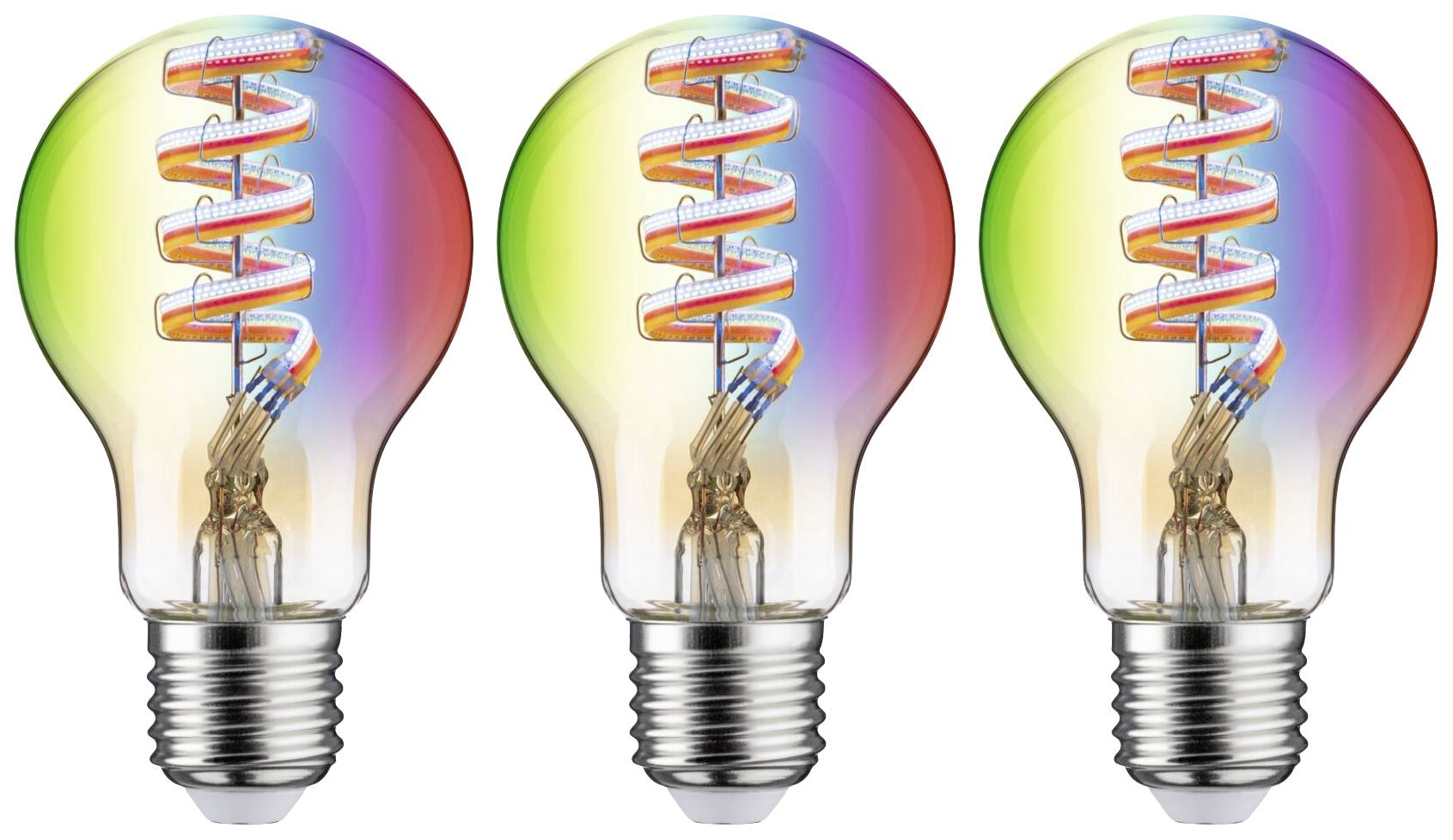 Trois ampoules avec un motif en spirale coloré à l'intérieur, chacune présentant un agencement différent des couleurs.