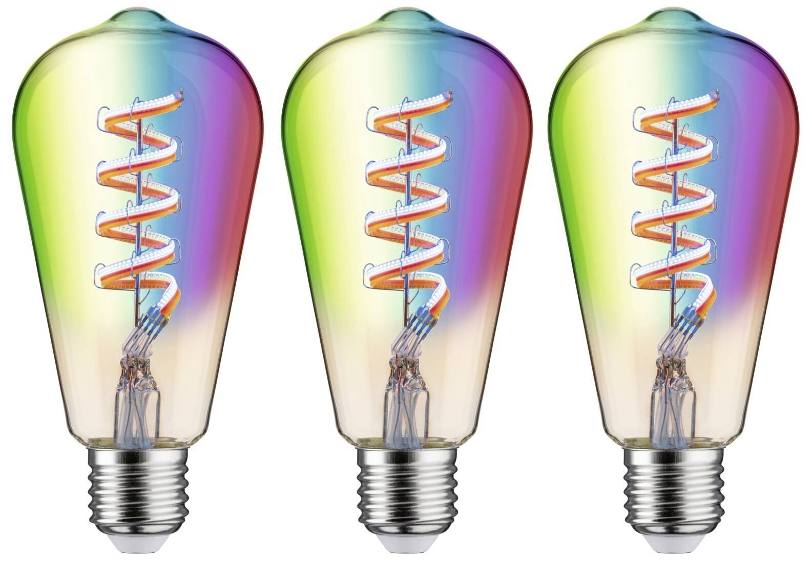 Trois ampoules côte à côte avec des filaments aux couleurs arc-en-ciel qui brillent de manière décorative.
