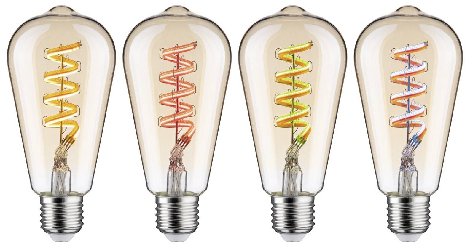 Quatre ampoules à filaments apparents qui brillent dans différentes couleurs : orange, rouge, jaune et multicolore.