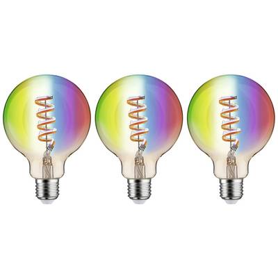 Trois ampoules à filaments en spirale, brillant dans les couleurs de l'arc-en-ciel.