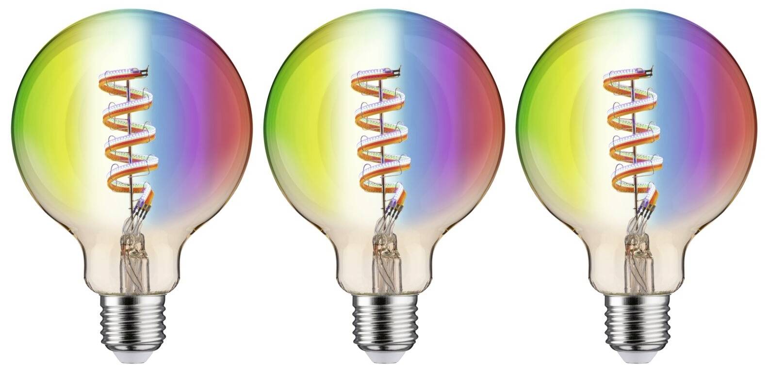 Trois ampoules colorées aux couleurs de l'arc-en-ciel, avec des filaments visibles, disposées côte à côte en ligne.