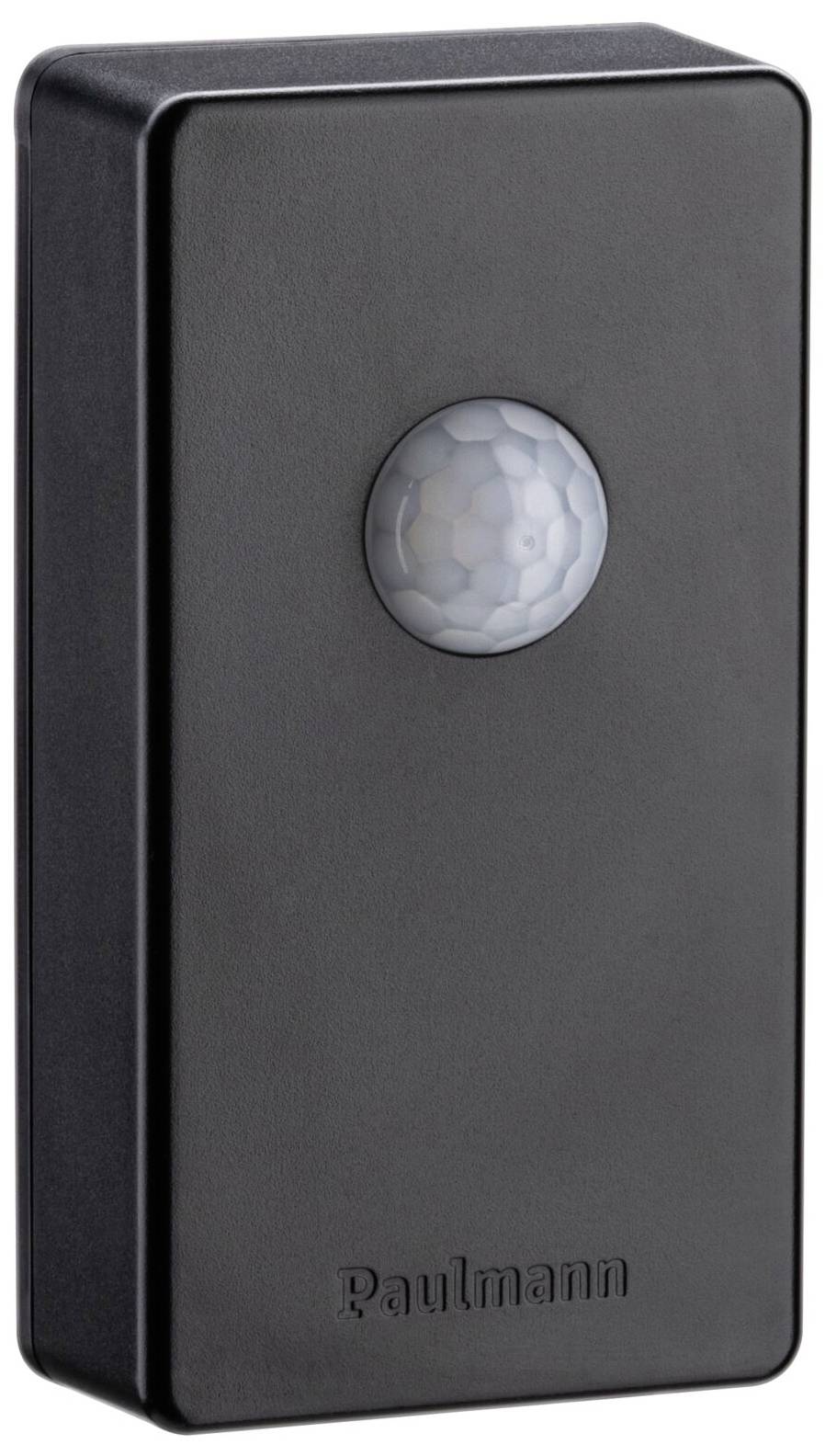 Boîtier rectangulaire noir avec une lentille centrale structurée, semblable à une sphère ; l'appareil est un détecteur de mouvement.