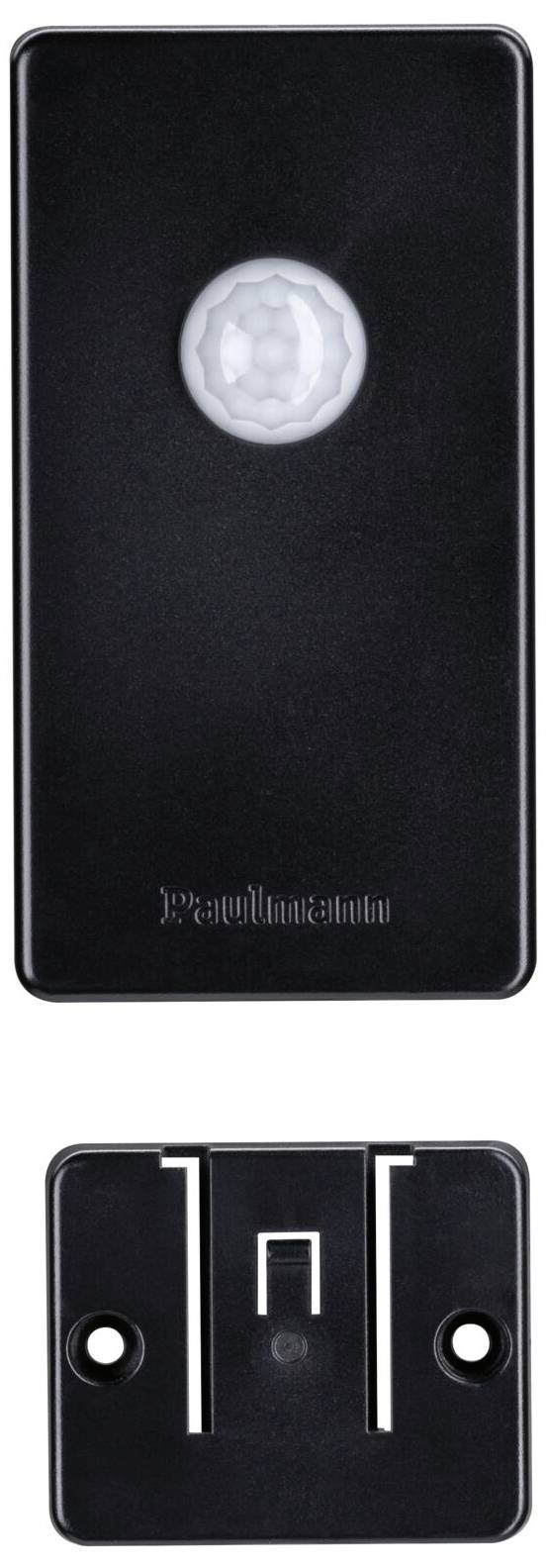 Un capteur de mouvement noir rectangulaire avec un couvercle arrondi et un capteur infrarouge blanc central. En dessous, un support noir séparé avec deux trous de fixation.