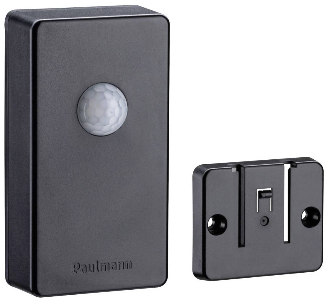 Détecteur de mouvement noir avec support mural, adapté aux zones intérieures et extérieures.