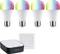 Quatre ampoules LED changeant de couleur et un interrupteur Smartlight blanc avec boîte de contrôle sur fond blanc, marque 'Paulmann'.