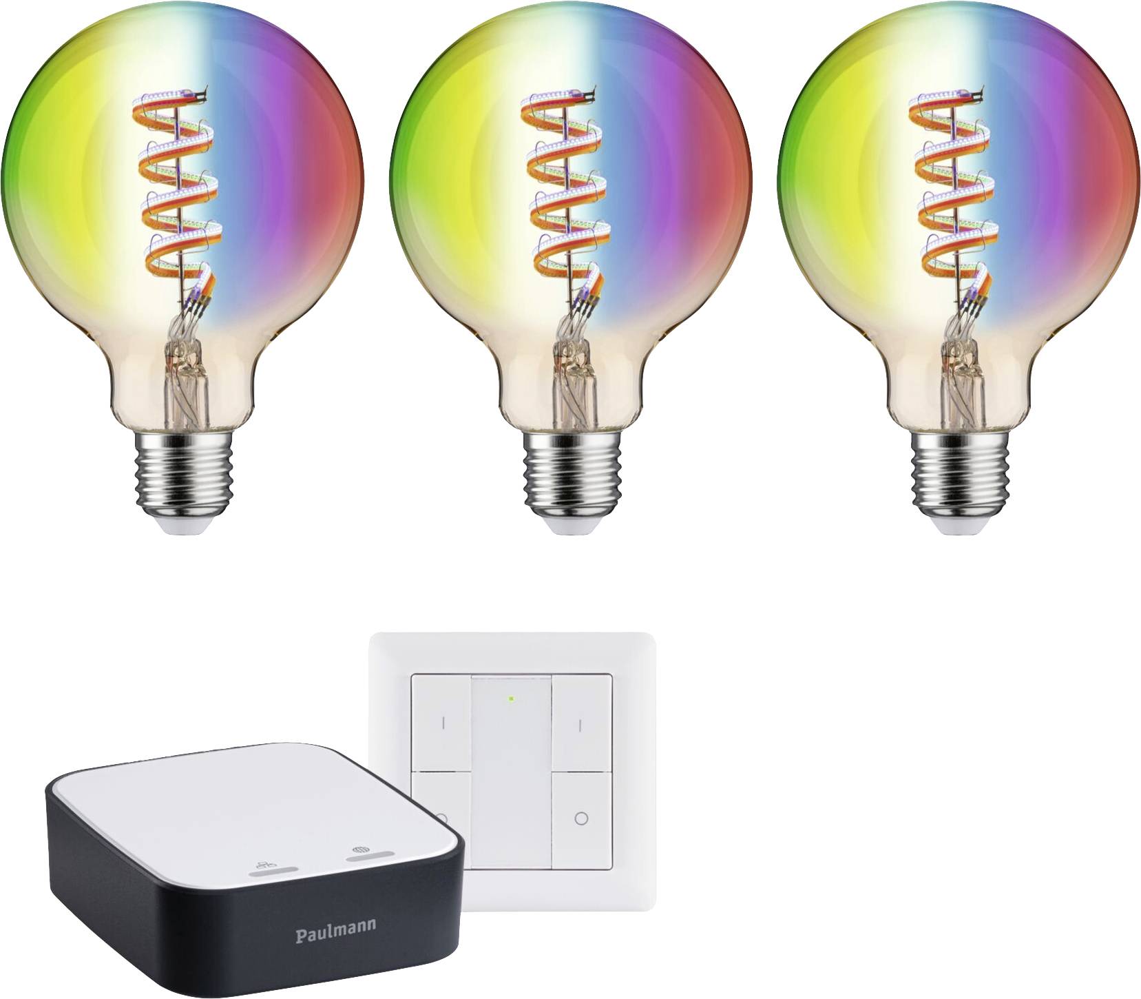 Trois ampoules LED colorées et un dispositif de commande domotique de Paulmann avec interrupteur. Les ampoules sont économes en énergie et pilotables.