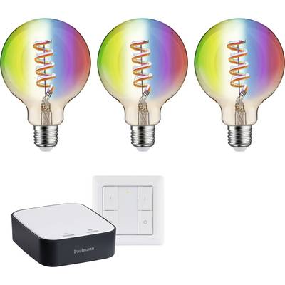 Trois ampoules LED colorées et un dispositif de commande domotique de Paulmann avec interrupteur. Les ampoules sont économes en énergie et pilotables.
