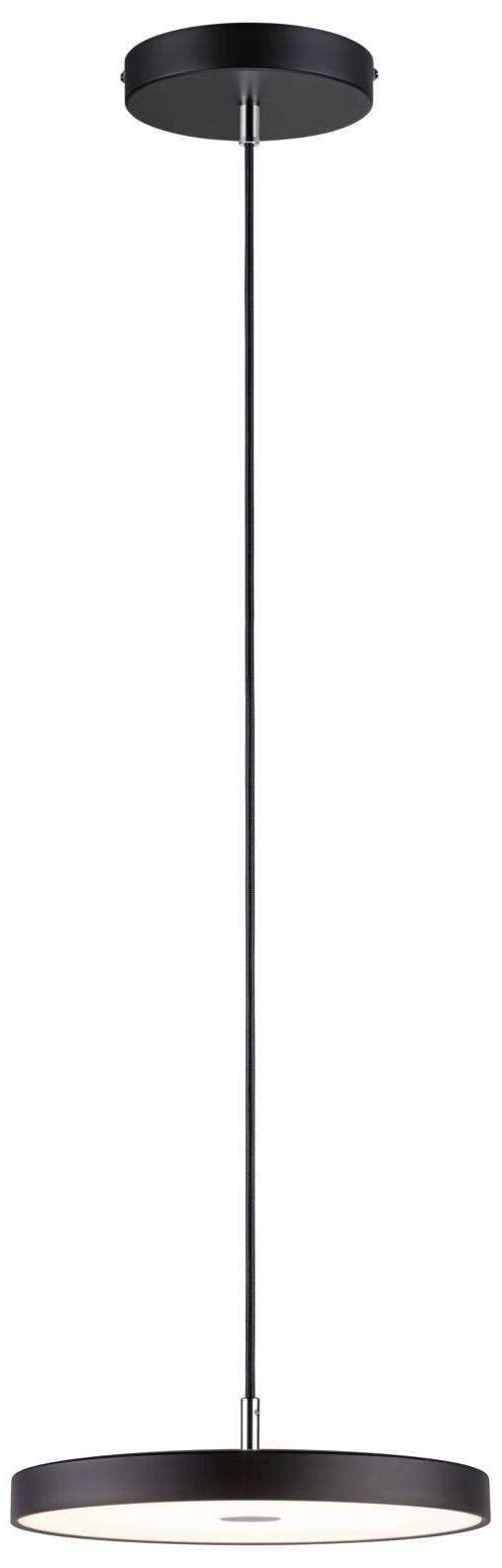 Lampe suspendue noire moderne au design élancé, avec un abat-jour rond et un long câble.