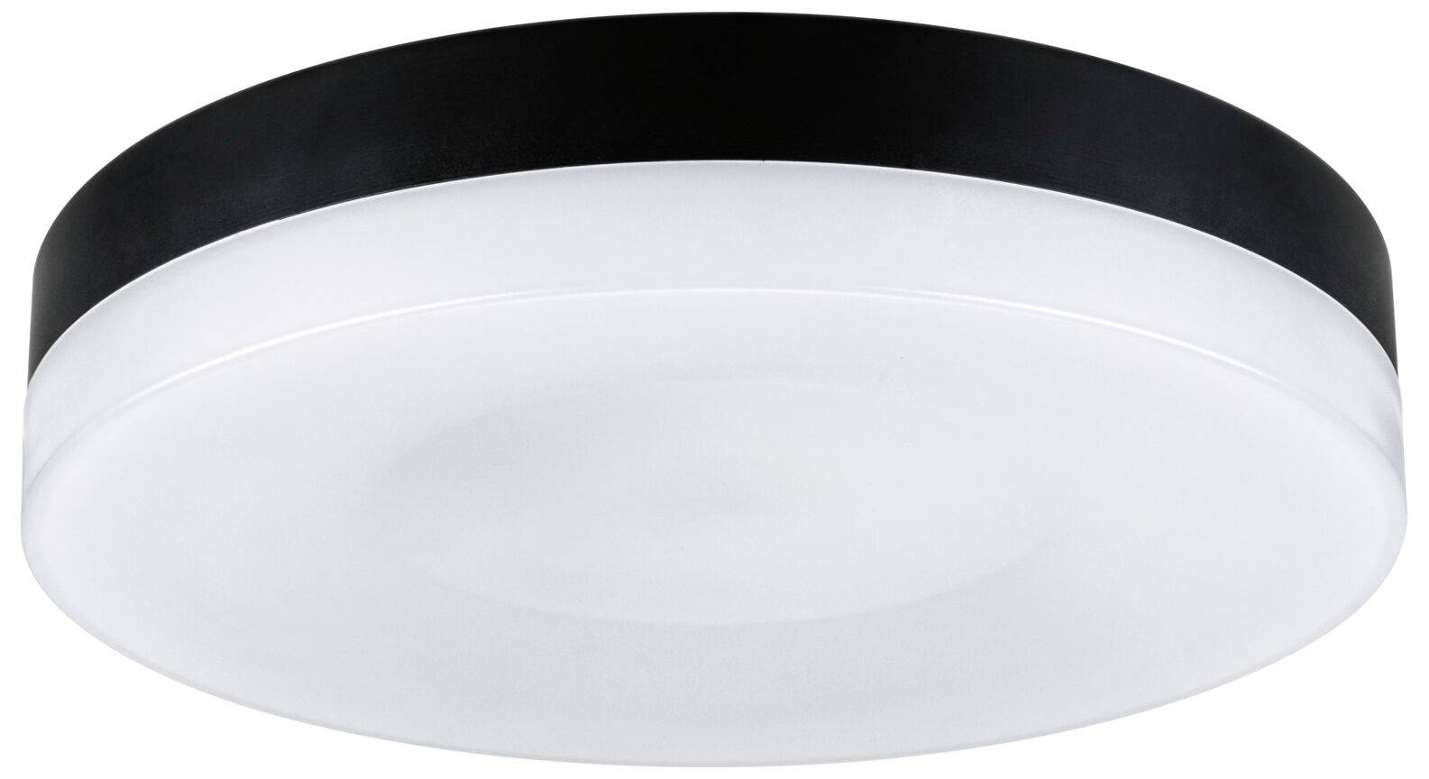 Plafonnier rond avec bordure noire et diffuseur blanc, assurant un éclairage homogène de la pièce.