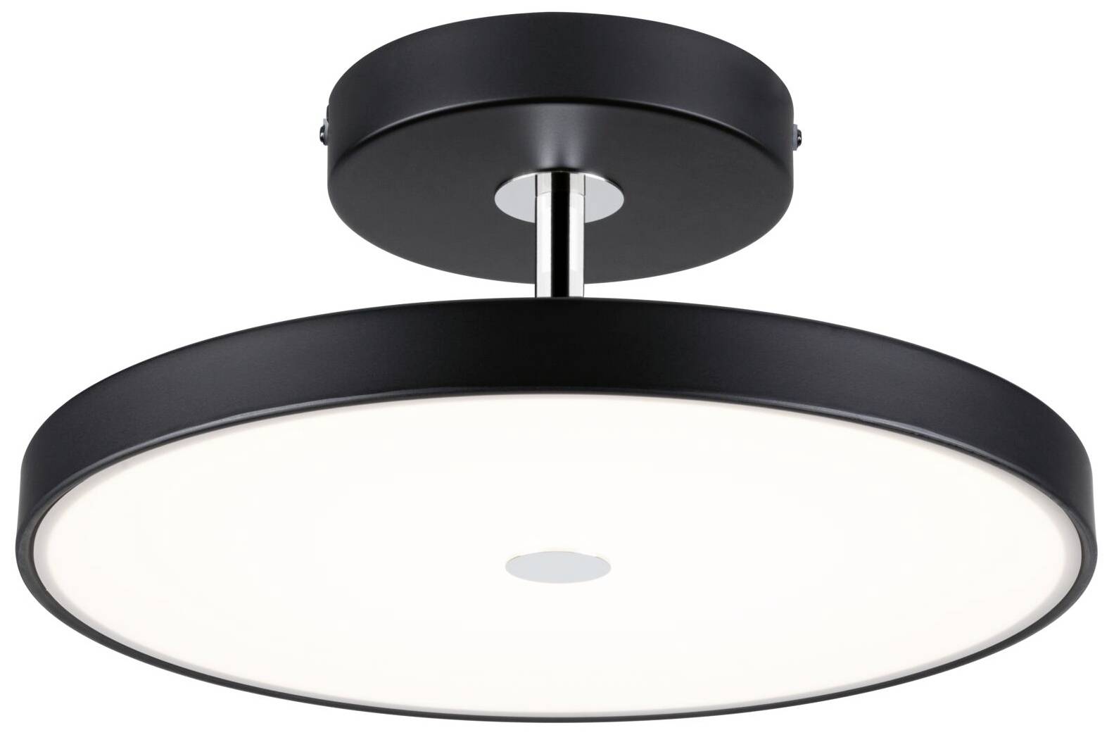 Lampe de plafond ronde noire avec abat-jour blanc lumineux. Adaptée aux intérieurs modernes.