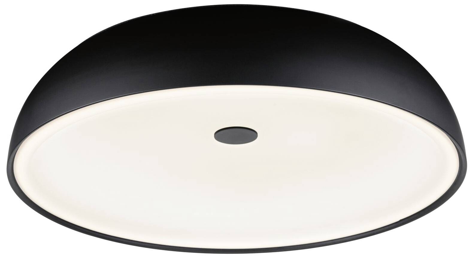 Un luminaire de plafond moderne, noir, avec une forme ronde et plate et une fixation centrale. Idéal pour un éclairage intérieur élégant.