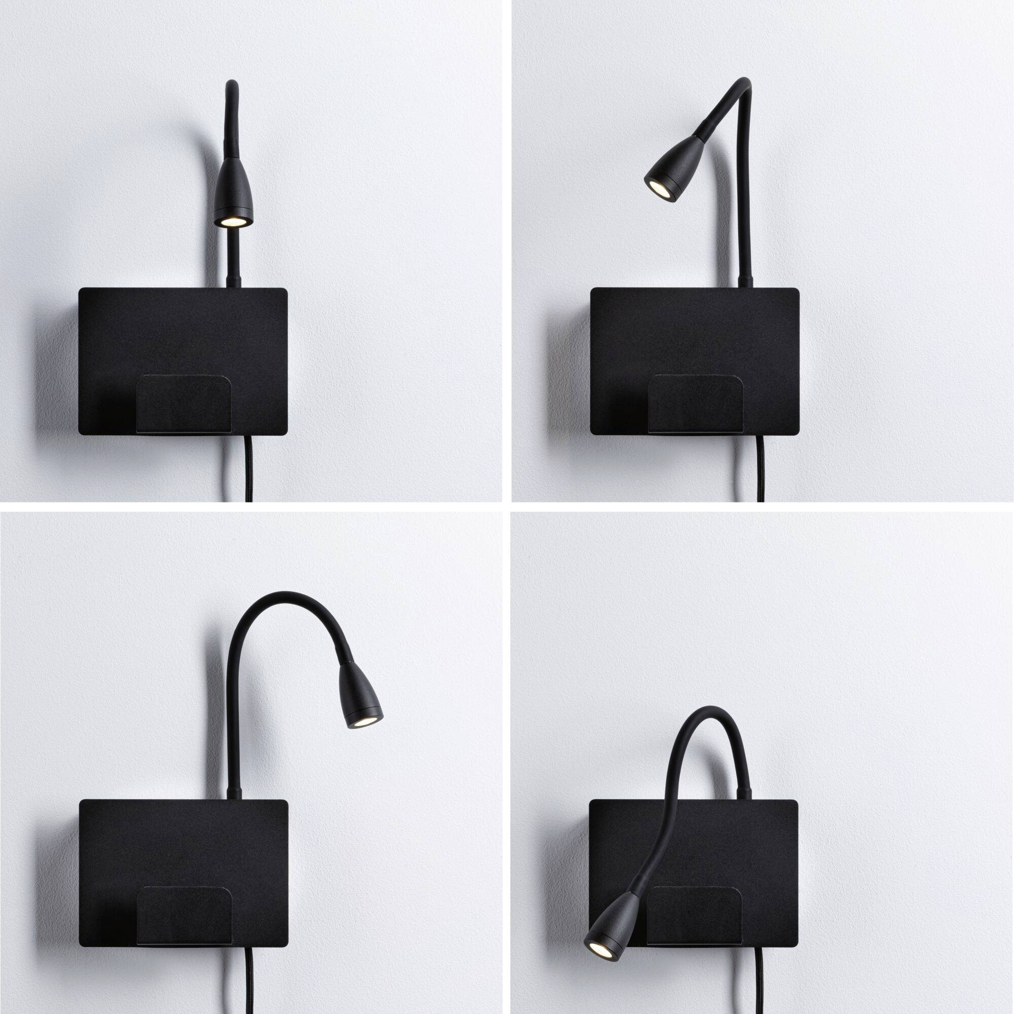 Quatre lampes LED noires et flexibles dans différentes positions sur des murs blancs. Chaque lampe présente une orientation différente.