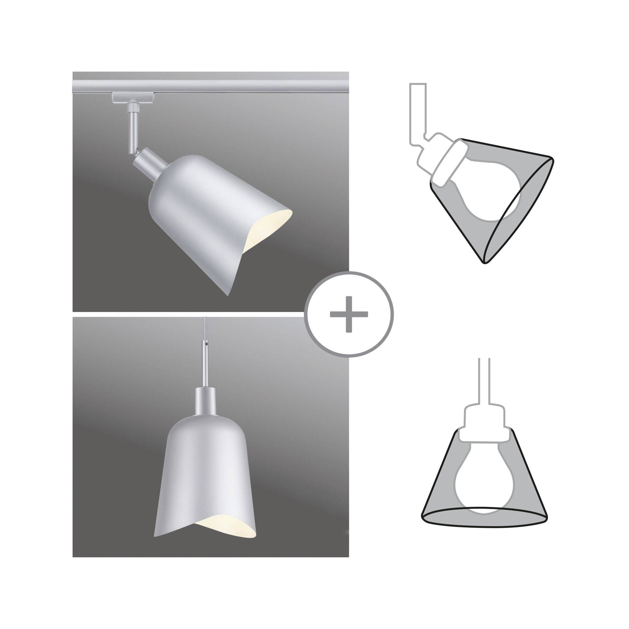 Deux designs de lampes avec un signe plus entre eux. En haut : Plafonnier moderne avec abat-jour incliné. En bas : Suspension avec abat-jour rond.