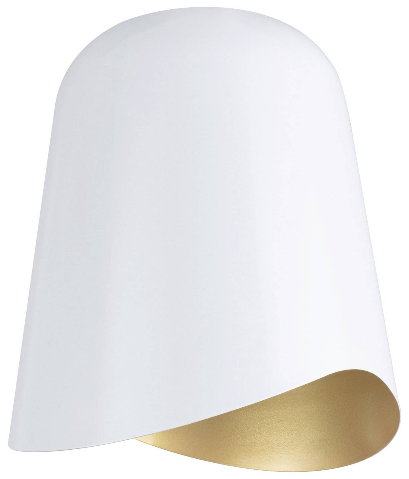 Lampe blanche, en forme de cloche, avec l'intérieur doré et un bord asymétrique.
