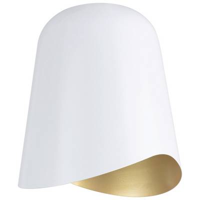 Lampe blanche, en forme de cloche, avec l'intérieur doré et un bord asymétrique.