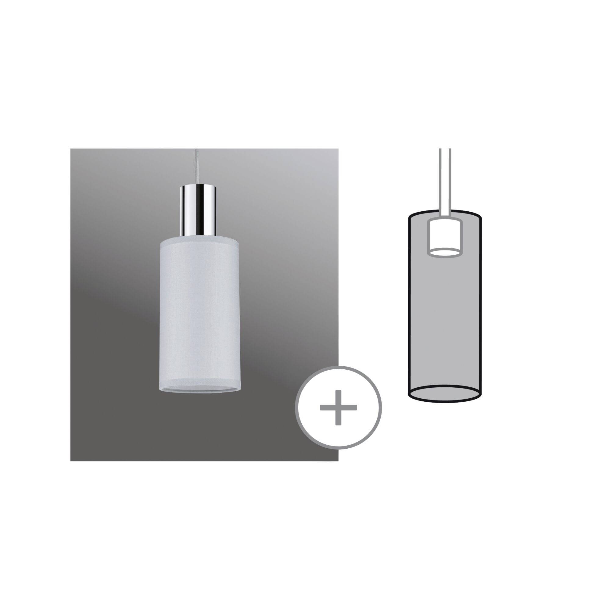 Lampe suspendue décorative avec un abat-jour cylindrique blanc sur un fond gris, à côté d'un dessin schématique de la lampe.