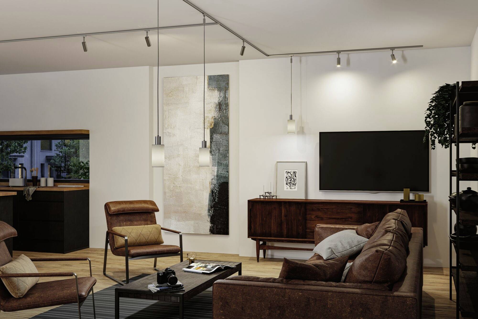 Un salon moderne aménagé avec un canapé en cuir marron, un fauteuil, une table basse, un téléviseur à écran plat au mur et une œuvre d'art.