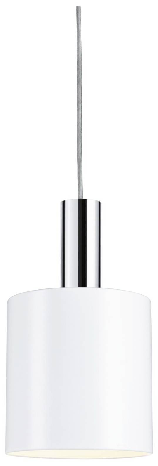 Lampe suspendue blanche avec abat-jour cylindrique et socle argenté, suspendue par un câble. Adaptée aux intérieurs modernes.