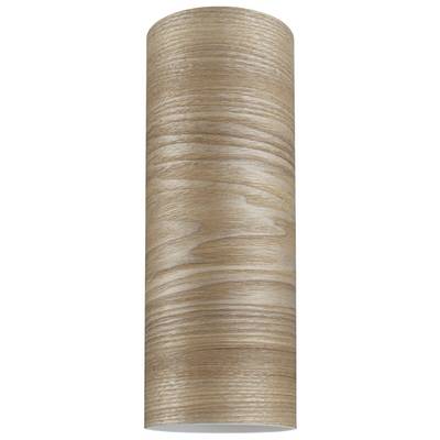 Corps cylindrique en bois de teinte claire, avec un grain de bois vertical apparent. Habillage de prise électrique ou élément décoratif.