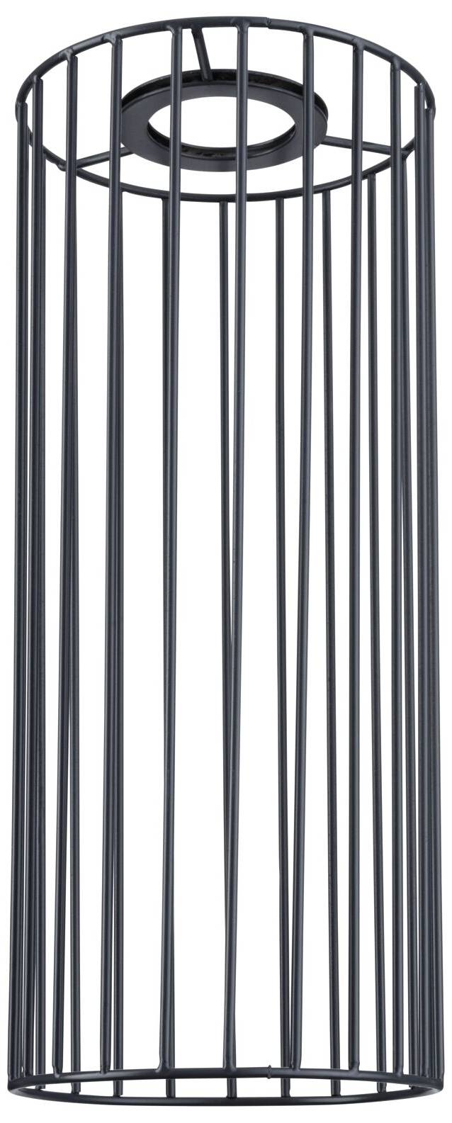 Une cage métallique haute, cylindrique et ouverte avec des montants verticaux, reliés en haut par un anneau.