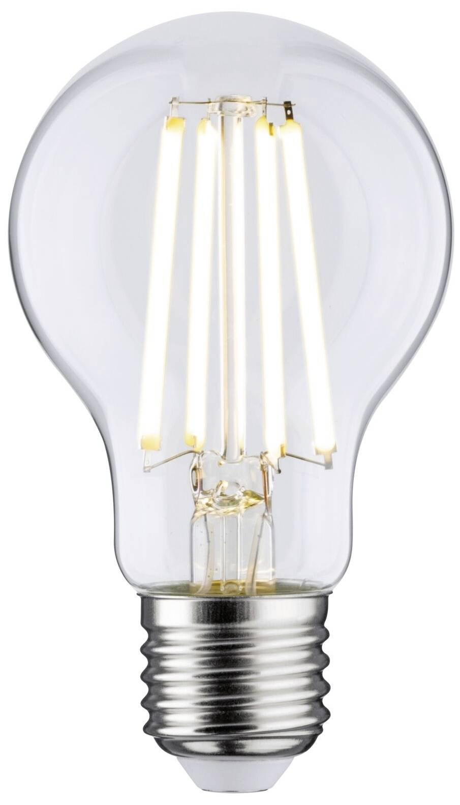 Une ampoule classique avec un filament visible lumineux sur un fond blanc.