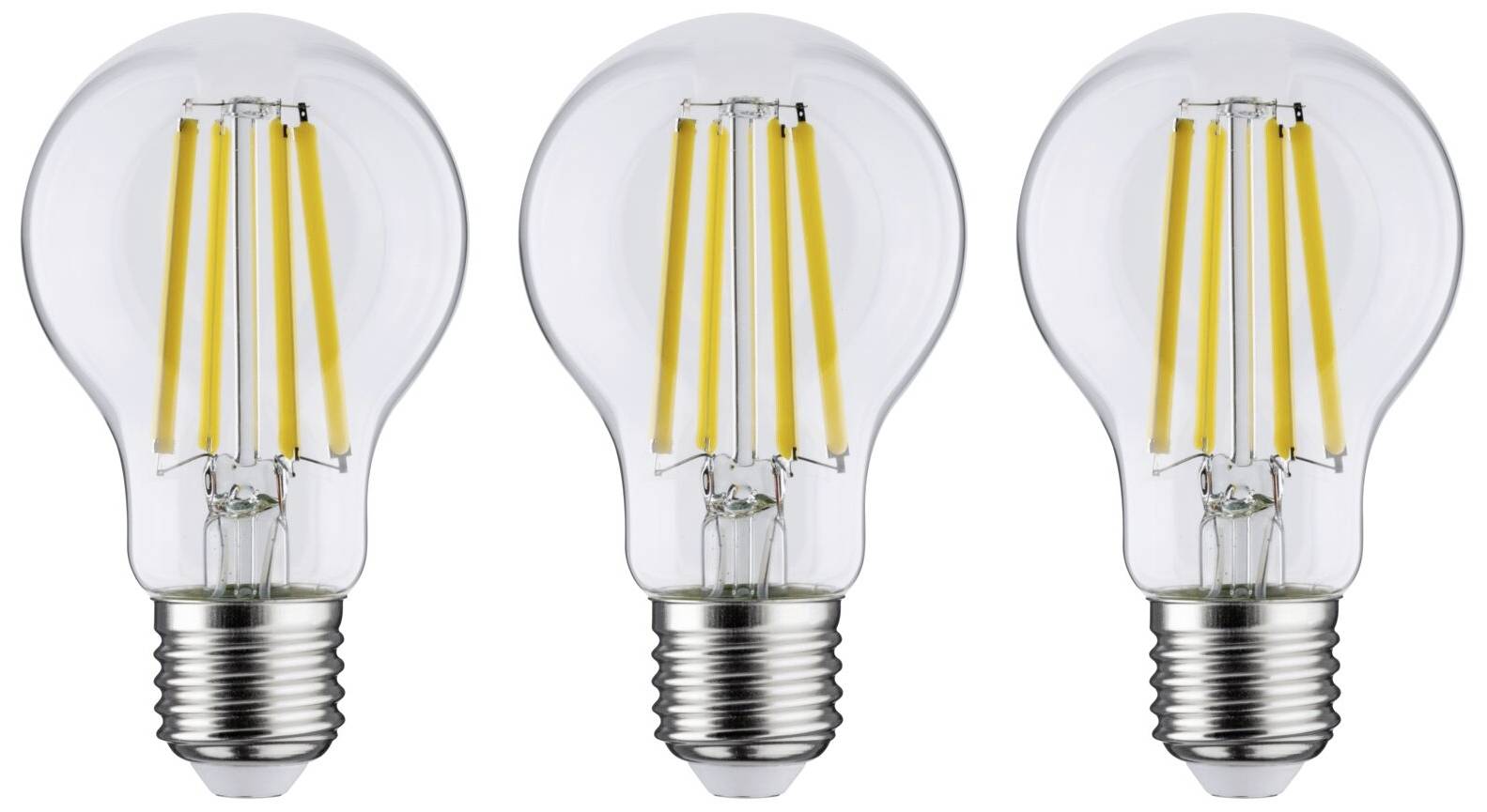 Trois ampoules LED transparentes côte à côte, chacune dotée d'un socle argenté et de filaments jaunes qui rappellent les ampoules traditionnelles.