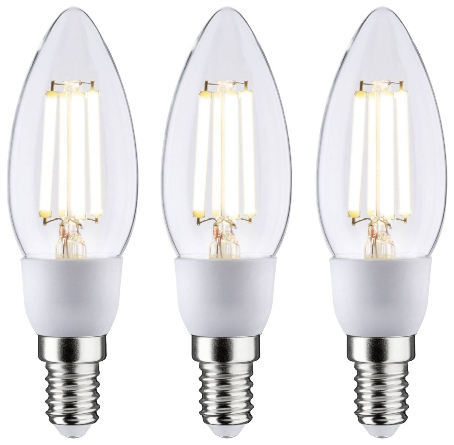 Trois lampes à bougie LED avec une lumière blanc chaud, disposées côte à côte.