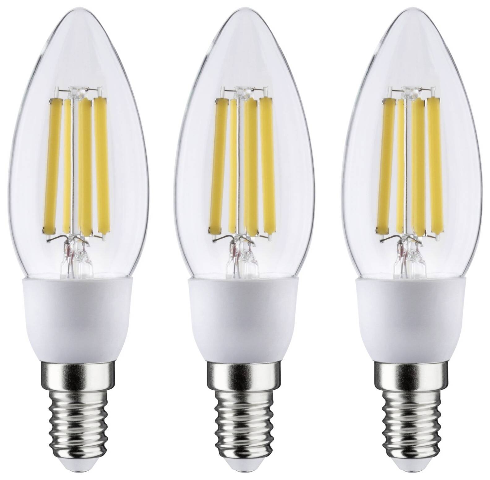 Trois ampoules LED à filament visible avec culot E14, à forme articulée. Solution d'éclairage économe en énergie.