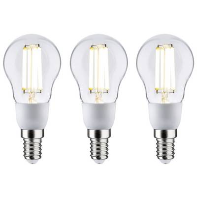 Trois ampoules à filaments apparents alignées. Chaque ampoule a une base blanche et un verre translucide.