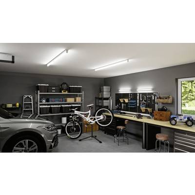 Un garage bien organisé avec une voiture, un vélo sur un support, des étagères remplies de boîtes et un établi avec des outils.