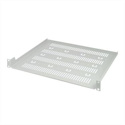 Tablette en acier gris laqué avec des fentes de ventilation et des supports d'angle montables pour une circulation d'air améliorée et une stabilité accrue.