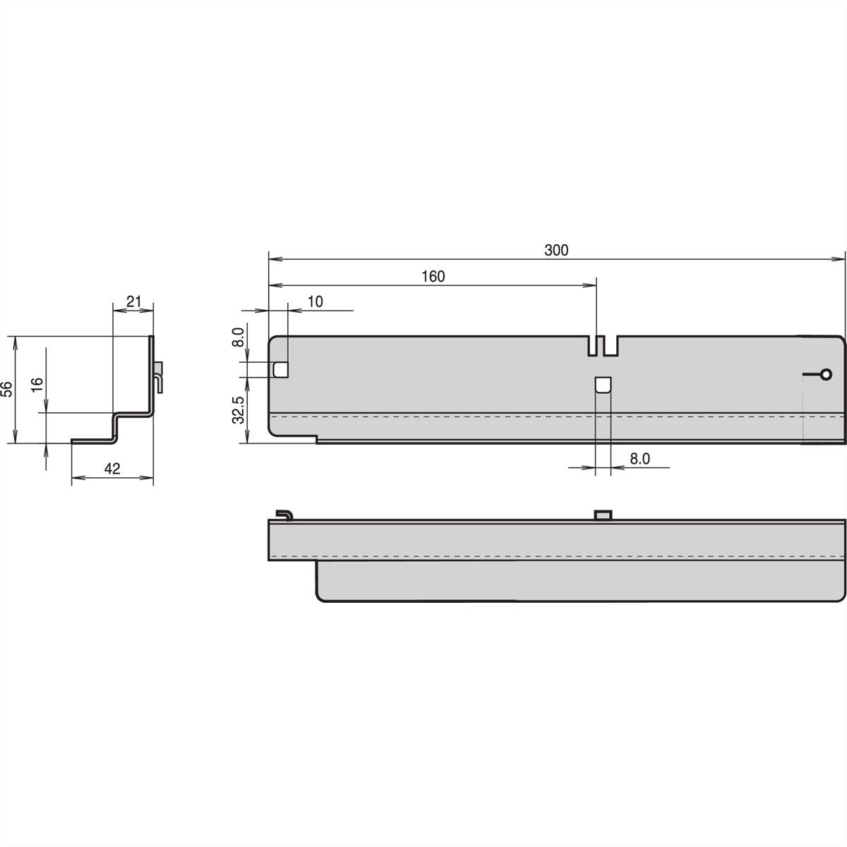 Dessin technique d'un composant allongé avec dimensions : Longueur 300 mm, Hauteur 32,5 mm, Largeur 21 mm. Vues détaillées et côtes.