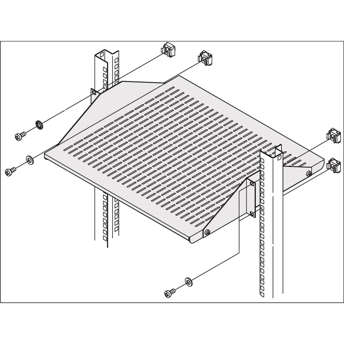 Le diagramme présente une étagère avec des fentes de ventilation, montée entre deux supports verticaux, fixée à l'aide de vis et d'écrous.