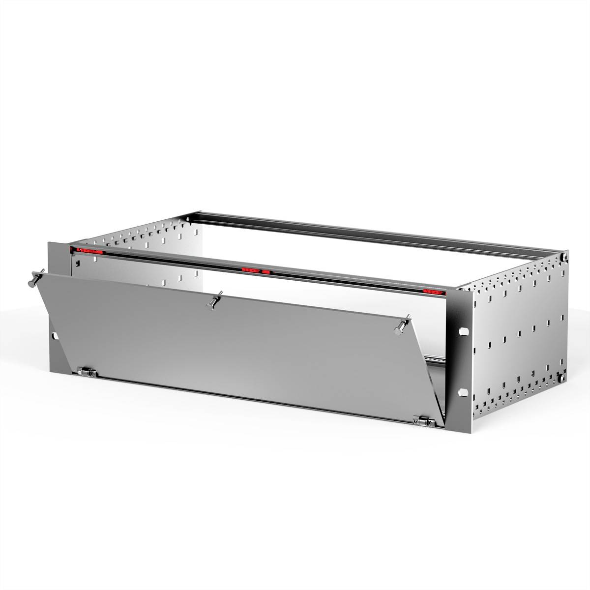 Boîtier métallique rectangulaire avec un panneau frontal rabattable, adapté au rangement technique ou comme composant d'un dispositif plus grand.