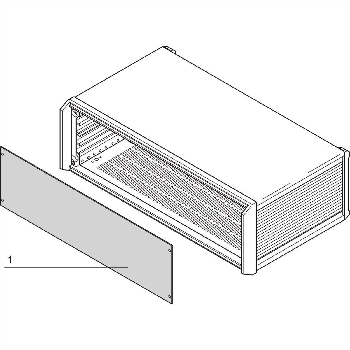 Dessin technique d'un boîtier rectangulaire en métal avec couvercle frontal amovible, adapté aux composants électroniques.