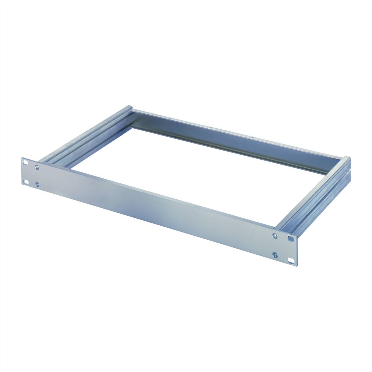 Châssis métallique pour montage en rack, couleur argent, forme rectangulaire, avec des trous sur les côtés pour la fixation.