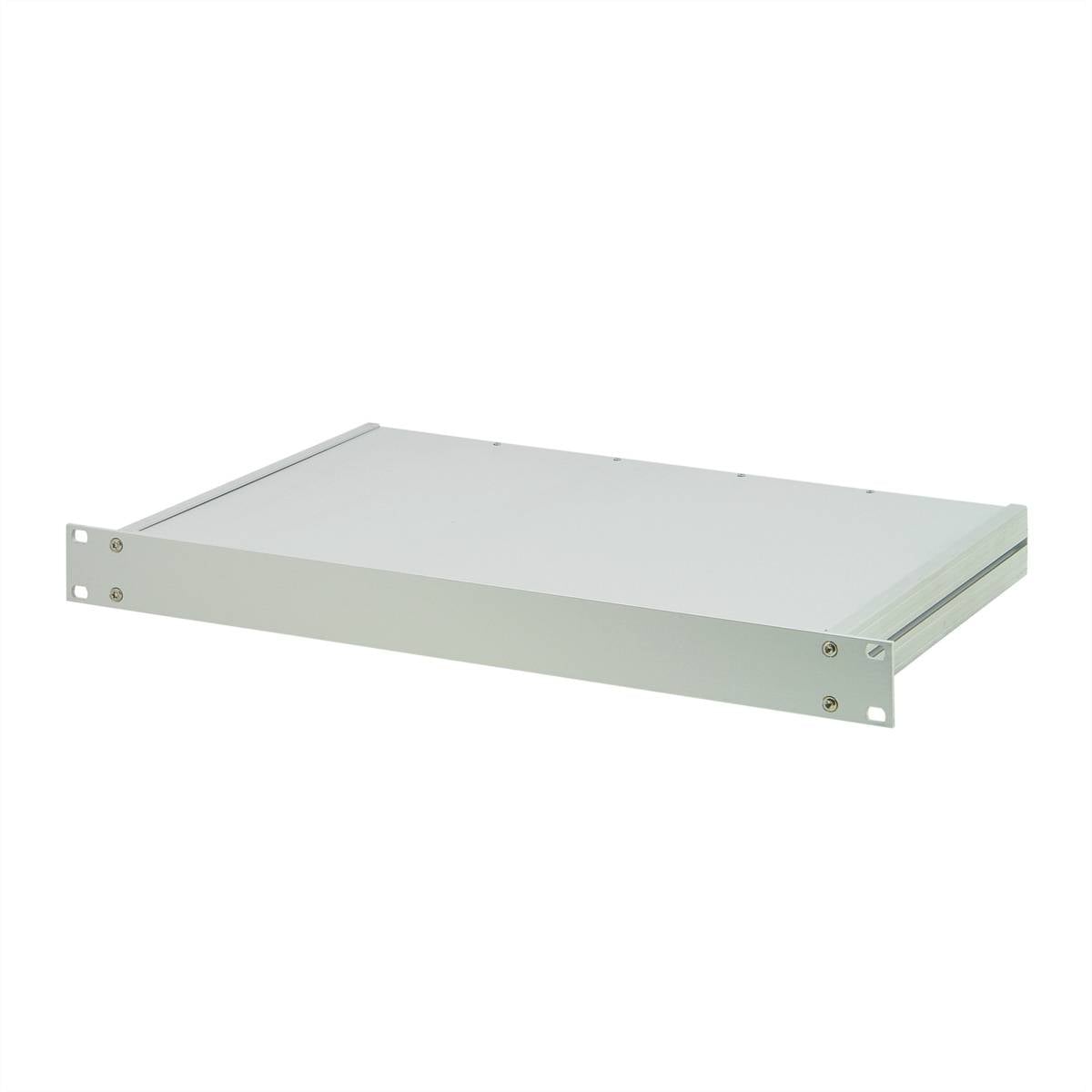 Une étagère métallique grise plate, adaptée au montage en rack 19 pouces, est représentée en suspension. Convient au stockage d'équipements informatiques.