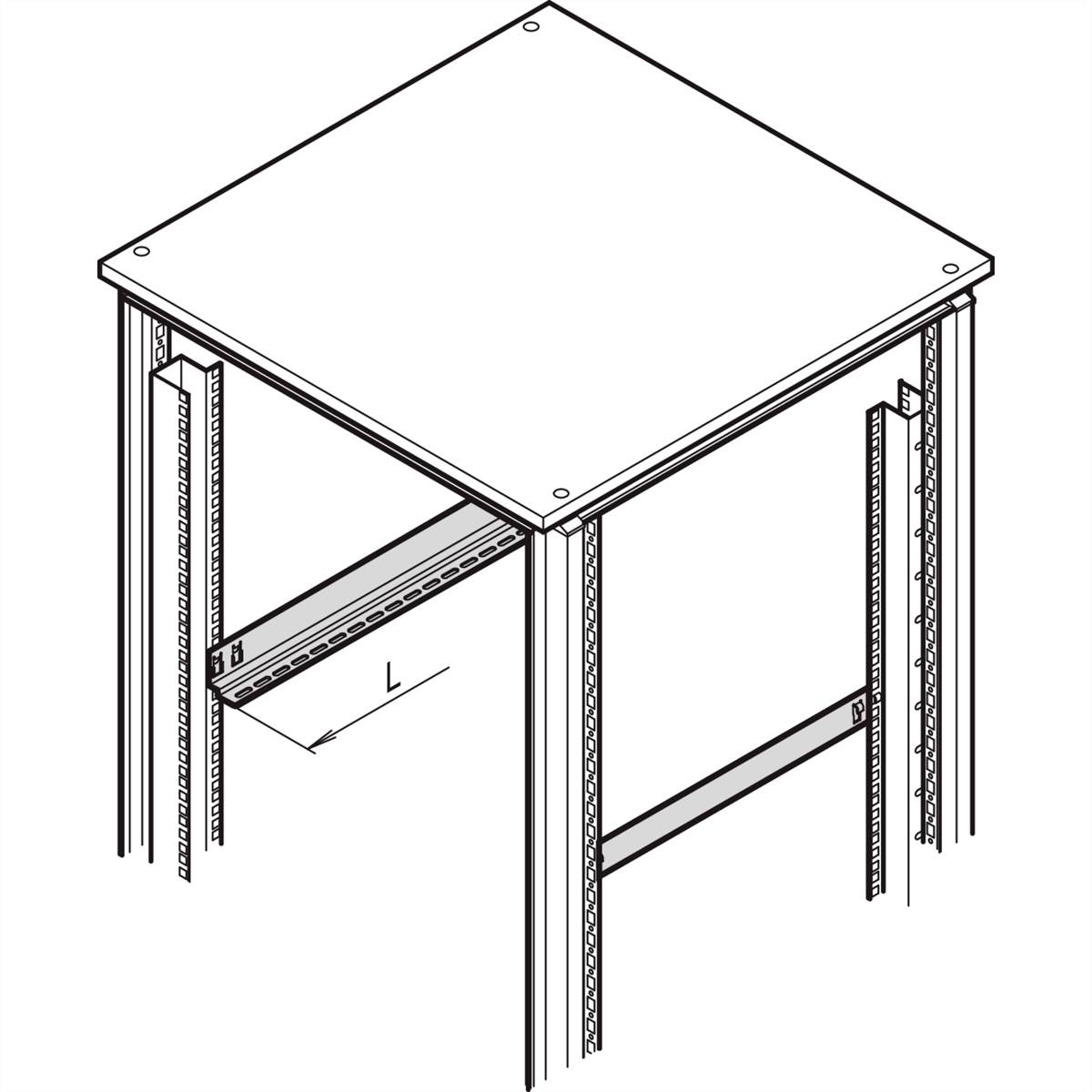 Un dessin technique d'une table stable avec un plateau carré et quatre traverses latérales disposées verticalement.