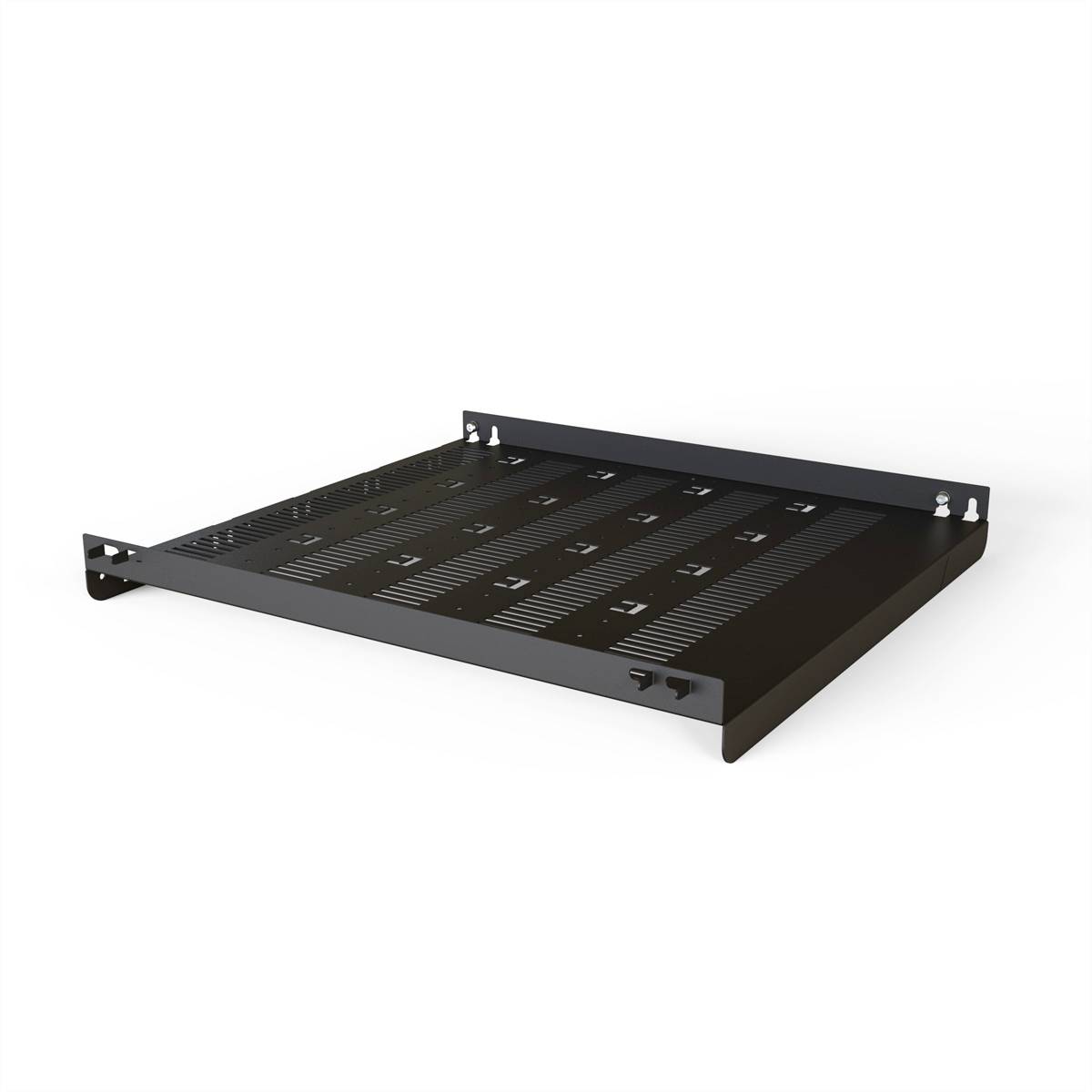 Une étagère métallique noire avec des fentes de ventilation, adaptée au montage dans un rack serveur. Idéale pour supporter des équipements lourds.