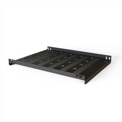 Un étagère rectangulaire noire en métal avec des fentes, qui peut être montée au mur. Idéal pour ranger des appareils ou des accessoires.