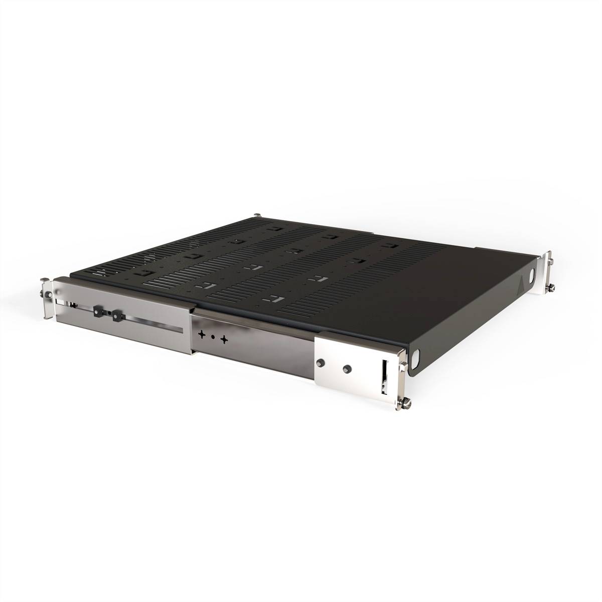 Un support de fixation plat en métal noir, probablement conçu pour le montage ou la présentation de composants techniques.