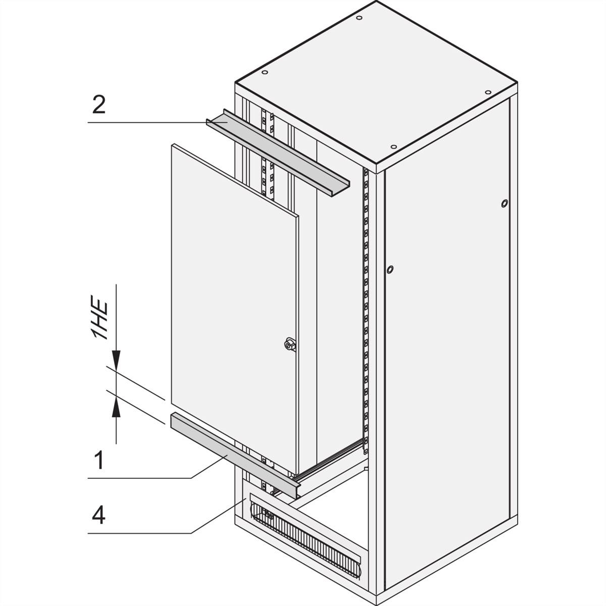 Dessin technique d'une armoire serveur avec porte ouverte, montrant une hauteur de 1 unité de rack et différents composants ; zones numérotées pour explication.