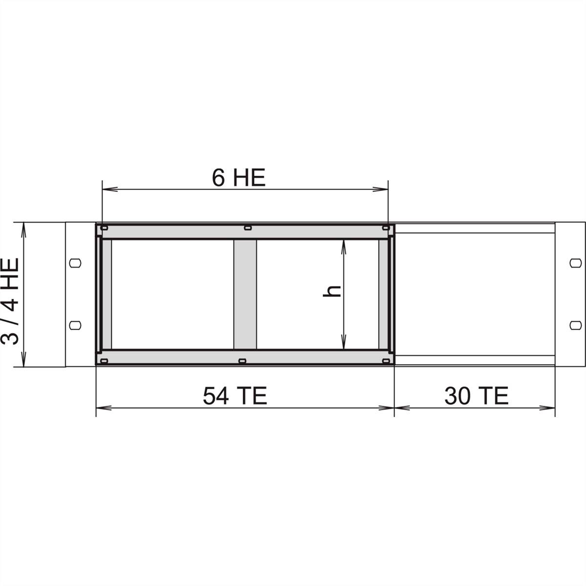 Dessin technique d'un cadre rectangulaire avec dimensions : largeur 54 TE, hauteur 6 HE. Largeur supplémentaire de 30 TE sur le côté droit.