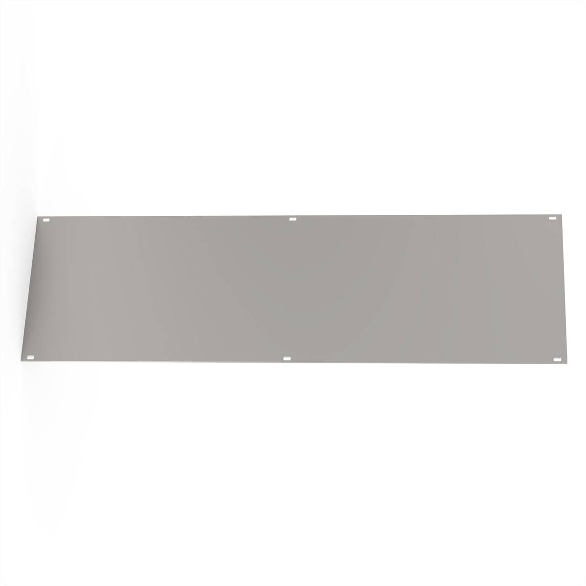Plaque métallique grise rectangulaire avec six trous ronds, répartis de manière uniforme, probablement destinée à la fixation ou à l'assemblage.